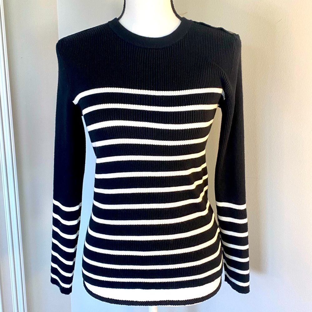 PREMISE Black White Stripe Ribbed Knit Top Sweater Gold Button Accent Large NWT